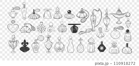 Collection of doodle vintage perfume bottles. Vector sketch illustration Collection of doodle vintage perfume bottles. Vector sketch illustration 110918272