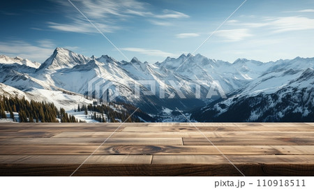 AI-generated content. Polished wooden surface against the background of large snow-capped mountains. Product demonstration. Generative AI 110918511