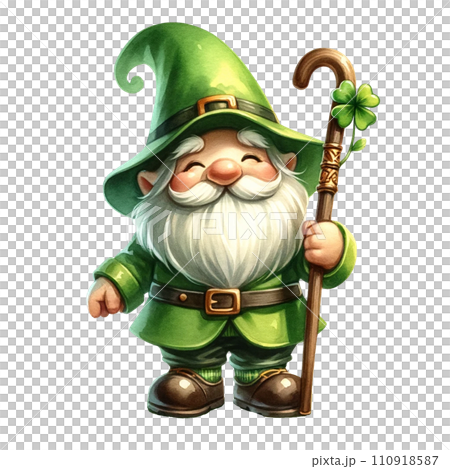 Cute gnomes St Patrick's Day Design Elements staff watercolor on Isolated On Transparent Background. 110918587