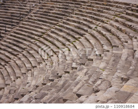 travel to ancient city of Side, Antalya coast of Turkey in tourist low season. view of ancient theatre or Amphitheatre in Side, Turkey. 110918684