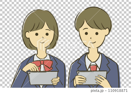Male and female students using tablets 110918871