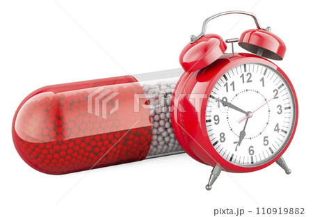 Time to take medicine, concept. Medicament Capsule with alarm clock, 3D rendering 110919882