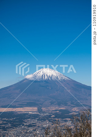 Mount Fuji in Japan. Fuji mountain with blue sky background. Landscape view from Kintoki mountain. Mount Fuji in Japan. Fuji mountain with blue sky background. Landscape view from Kintoki mountain. 110919910