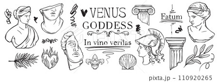 Greek sculpture y2k tattoo sketch set, vector roman goddess statue head doodle drawing ink scribble Greek sculpture y2k tattoo sketch set, vector roman goddess statue head doodle drawing ink scribble 110920265