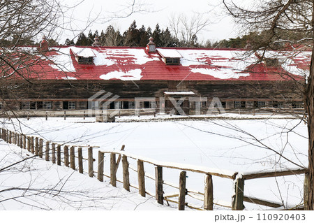 雪の小岩井農場と牧場の柵　国の重要文化財の上丸牛舎　宮沢賢治が愛した小岩井農場ふゆの 110920403
