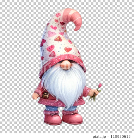 Cute whimsical gnome design elements valentine day watercolor on an On transparent background. 110920613