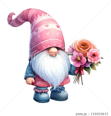 Cute whimsical gnome design elements valentine day watercolor on an On transparent background. 110920615