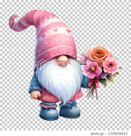 Cute whimsical gnome design elements valentine day watercolor on an On transparent background. Cute whimsical gnome design elements valentine day watercolor on an On transparent background. 110920615