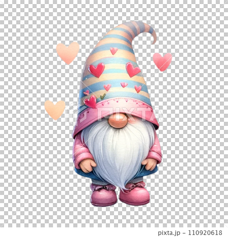 Cute whimsical gnome design elements valentine day watercolor on an On transparent background. Cute whimsical gnome design elements valentine day watercolor on an On transparent background. 110920618