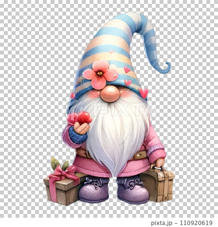 Cute whimsical gnome design elements valentine day watercolor on an On transparent background. 110920619