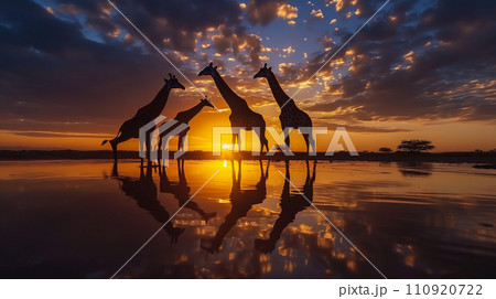夕日と水辺のキリン 夕日と水辺のキリン 110920722
