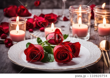 table setting for dating. saint valentine's day love concept with hearts and candles 110920754