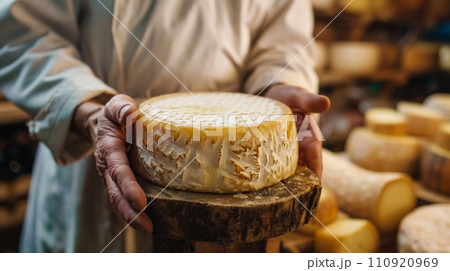 AI-generated content. Head of hard cheese in mans cheesemaker hands. delicious dairy products. cheese maasdam with big holes. 110920969