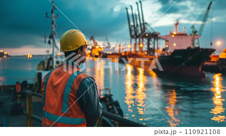 AI-generated content. Marine crew or fellow chiefs in dry dock during ship repair wear PPE personal protective equipment - helmet, mantle. AI-generated content. Marine crew or fellow chiefs in dry dock during ship repair wear PPE personal protective equipment - helmet, mantle. 110921108