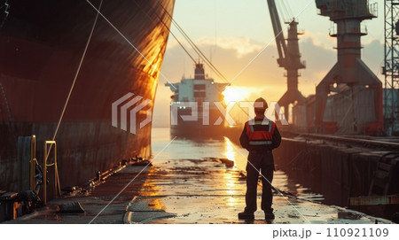 AI-generated content. Marine crew or fellow chiefs in dry dock during ship repair wear PPE personal protective equipment - helmet, mantle. 110921109