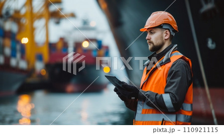AI-generated content. Marine crew or fellow chiefs in dry dock during ship repair wear PPE personal protective equipment - helmet, mantle. 110921115