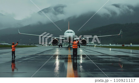 AI-generated content. Ground Crew in the signal vest. Aviation Marshall / Supervisor meets passenger airplane at the airport. Aircraft is taxiing to parking place. 110921117
