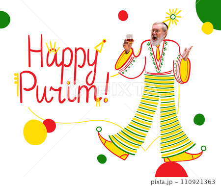 Contemporary art collage. Man in striped costume holding glass against colorful festive background with Happy Purim text. Contemporary art collage. Man in striped costume holding glass against colorful festive background with Happy Purim text. 110921363