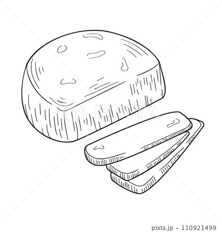 Suluguni Sakartvelo cheese in line art, hand drawn style. Cut slices of delicious soft cheese. Vector illustration isolated on a white background. Suluguni Sakartvelo cheese in line art, hand drawn style. Cut slices of delicious soft cheese. Vector illustration isolated on a white background. 110921499