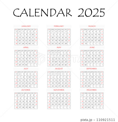 2025 calendar planner. Corporate week. Template layout, 12 months yearly, white background. Simple design for business brochure, flyer, print media, advertisement. Week starts from Monday 110921511
