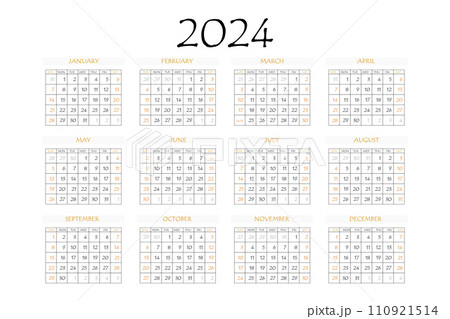 2024 calendar planner. Corporate week. Template layout, 12 months yearly, white background. Simple design for business brochure, flyer, print media, advertisement. Week starts from Monday 110921514