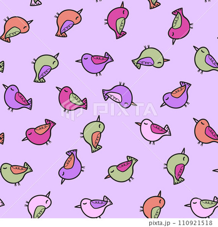 Seamless pattern with funny colorful birds. Color flat vector illustration with little cartoon bird. Cute characters. Template design for invitation, poster, card, flyer, textile, fabric for kids Seamless pattern with funny colorful birds. Color flat vector illustration with little cartoon bird. Cute characters. Template design for invitation, poster, card, flyer, textile, fabric for kids 110921518