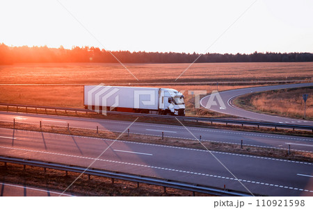 A modern truck with a refrigerator semi-trailer with refrigeration equipment transports flower products while maintaining the temperature regime against the backdrop of sunset and forest. Copy space 110921598