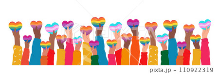 International day against homophobia, transphobia and biphobia vector. Hands holding different LGBT pride flag in heart shape. International day against homophobia, transphobia and biphobia vector. Hands holding different LGBT pride flag in heart shape. 110922319
