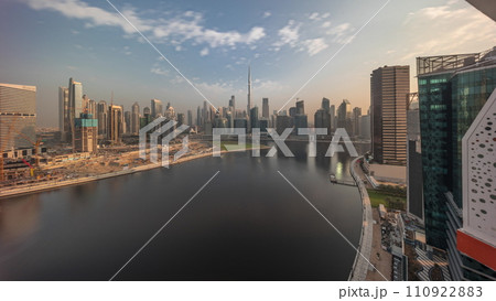 Aerial view to Dubai Business Bay and Downtown with the various skyscrapers and towers timelapse Aerial view to Dubai Business Bay and Downtown with the various skyscrapers and towers timelapse 110922883
