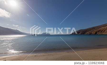 Panorama showing beach in Amorgos island aerial timelapse from above. Greece Panorama showing beach in Amorgos island aerial timelapse from above. Greece 110923048