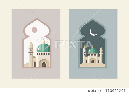 Ramadan Kareem set of posters, cards, holiday covers. Modern beautiful flat design, pastel colors. Mosque, minaret. Moon crescent, stars, sky. Sunset threw arches window. Eid ul Fitr vector background 110923201