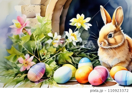 Watercolor Easter Bunny and Eggs Painting Watercolor Easter Bunny and Eggs Painting 110923372