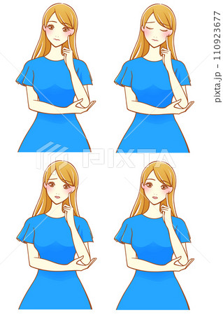 人差し指を頬にあてて考える女性 4種（茶髪） 110923677