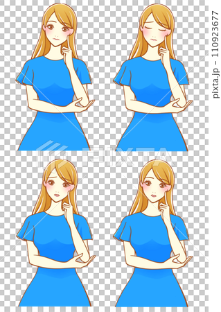 人差し指を頬にあてて考える女性 4種（茶髪） 110923677