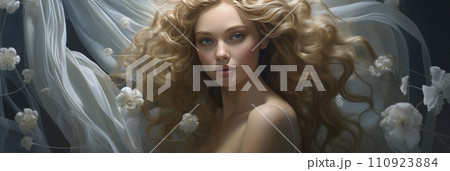 Abstract futuristic portrait of a beautiful young girl with flowers, banner Abstract futuristic portrait of a beautiful young girl with flowers, banner 110923884