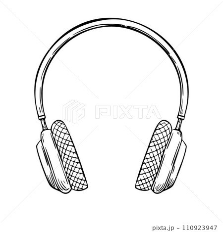 Headphone vector illustration. Hand drawn drawing of Earphone in outline style. Linear sketch of music equipment painted by black and white inks. Line art of sound technology. Monochrome engraving. Headphone vector illustration. Hand drawn drawing of Earphone in outline style. Linear sketch of music equipment painted by black and white inks. Line art of sound technology. Monochrome engraving. 110923947