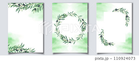Set of floral background card template with black olive branches and green watercolor splashes. For save the date, greeting, rustic wedding card and cover design. 110924073