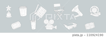 Cinema and Entertainment with Reel, Award, Clapperboard, Director Chair and Megaphone Hand Drawn Element Vector Set Cinema and Entertainment with Reel, Award, Clapperboard, Director Chair and Megaphone Hand Drawn Element Vector Set 110924190