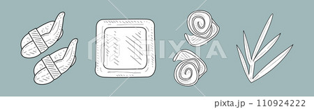 Tasty Asian Food with Sushi and Roll Hand Drawn Vector Set 110924222