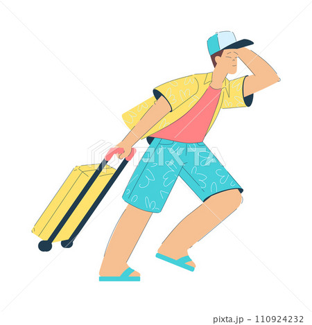 Man Character Pulling Suitcase Going on Summer Vacation Having Journey Vector Illustration 110924232