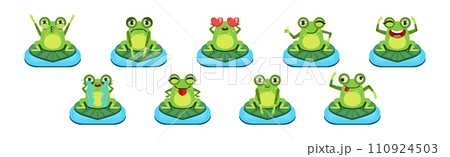 Cute Green Frog Character as Croaking Swamp Animal Sit on Pad Vector Set Cute Green Frog Character as Croaking Swamp Animal Sit on Pad Vector Set 110924503