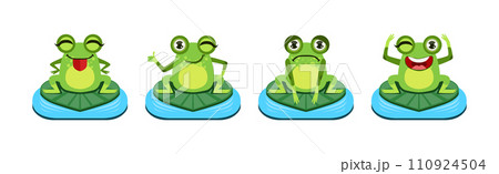Cute Green Frog Character as Croaking Swamp Animal Sit on Pad Vector Set Cute Green Frog Character as Croaking Swamp Animal Sit on Pad Vector Set 110924504