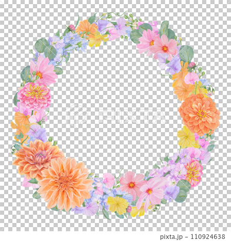 Watercolor botanical colurful round frame of summer and autumn flowers: dahlia, zinnia, lathyrus, gillyflower, nasturtium, cosmos. Good for wedding print products, paper, invitations, greetings Watercolor botanical colurful round frame of summer and autumn flowers: dahlia, zinnia, lathyrus, gillyflower, nasturtium, cosmos. Good for wedding print products, paper, invitations, greetings 110924638
