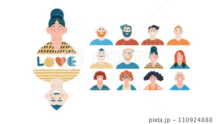 Valentine: Spectrum of Love - modern flat vector concept illustration of a vibrant array of individual portraits celebrating love's diverse expressions. Metaphor for the universal language of love 110924888
