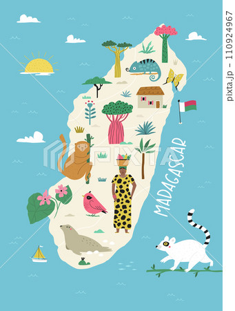 Vector stylized illustrated map of Madagascar island with famous landmarks, places and symbols Vector stylized illustrated map of Madagascar island with famous landmarks, places and symbols 110924967