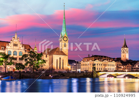 St. Peter's church and Fraumunster abbey, the two most popular places of visit, Zurich, Switzerland 110924995