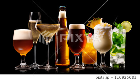 Set and collection of classic alcohol cocktails or mocktail isolated on black background with fresh summer fruits 110925083
