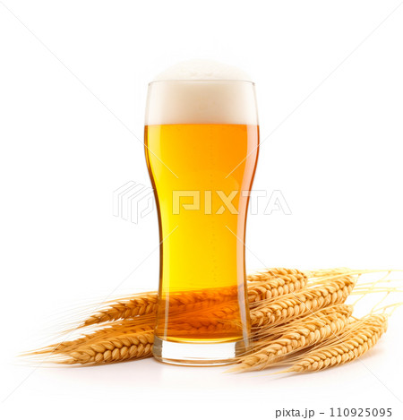 Beer in mug with wheat ears spikelets on white background. Mugs with drink like Ipa, Pale Ale, Pilsner, Porter or Stout 110925095