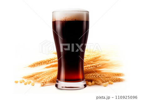 Beer in mug with wheat ears spikelets on white background. Mugs with drink like Ipa, Pale Ale, Pilsner, Porter or Stout 110925096