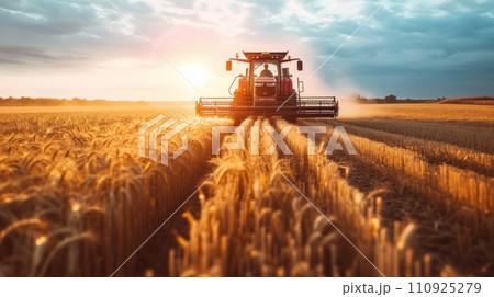 AI-generated content. Front view of modern automated combine harvesting wheat ears on a bright summer day. Grain harvester in a vast golden wheat field. Blue cloudy sky with bright setting sun in the 110925279